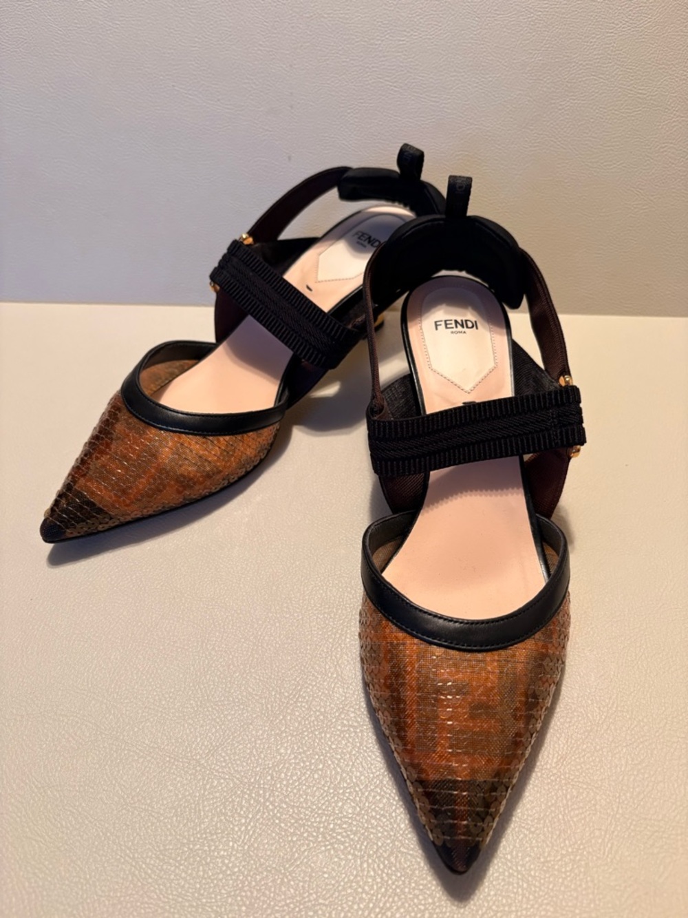 Fendi Roma Sculptural Heel Slingback Pumps – Brown/Black – Size 38